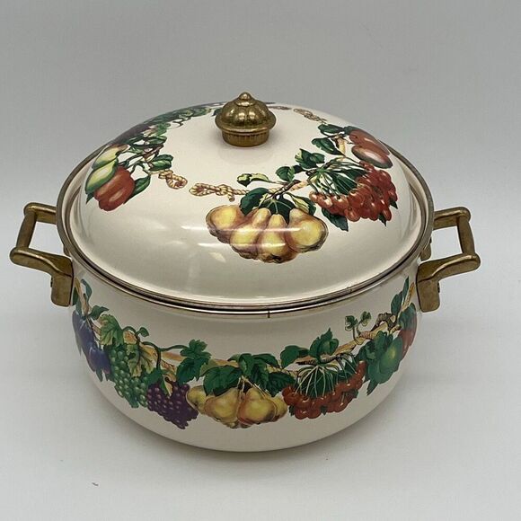 TABLETOPS UNLIMITED Pot and Lid Enamel Steel Heat Fruits Covered Serving Dish - Picture 2 of 14